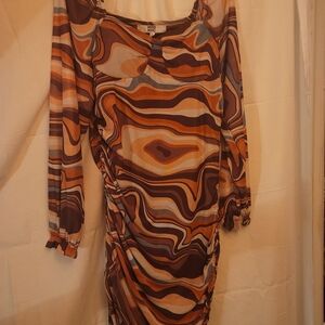 NYC Brown and Orange Swirl Long Sleeve Dress